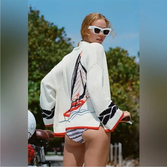 Anthropologie Maeve Maggie Cardigan nautical Sweater Embroidery Sailboat M/L - Picture 3 of 7